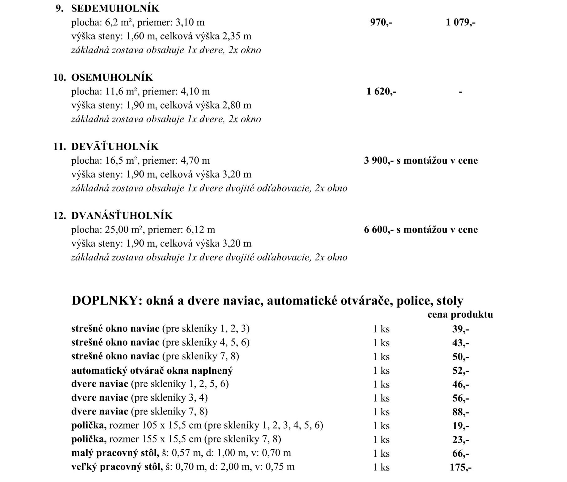Skleníky - Cenník - 2. strana